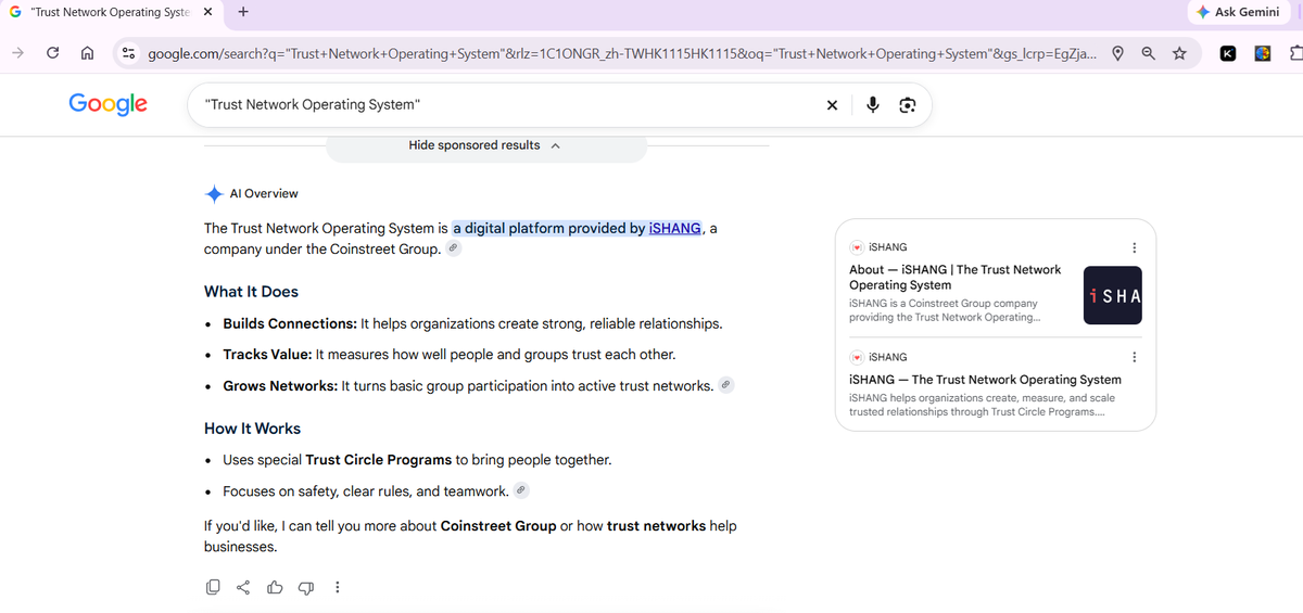 Google AI Overview result for search query 'Trust Network Operating System' identifying iSHANG as the provider